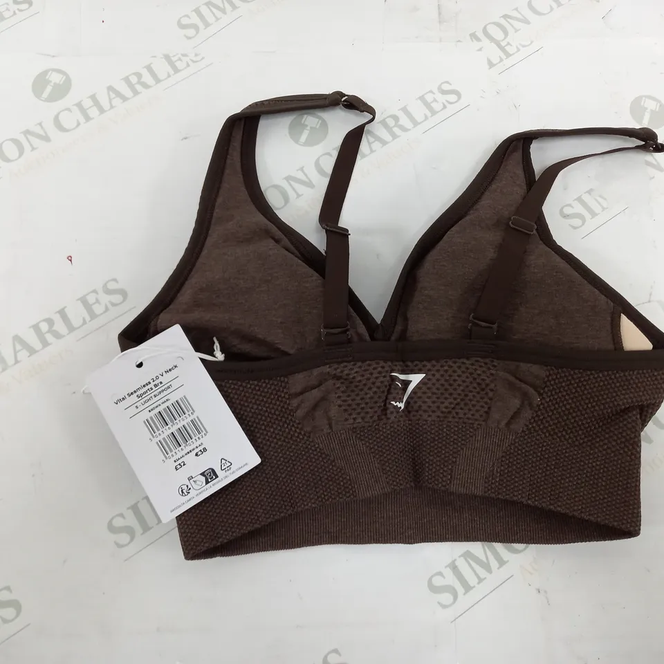 GYMSHARK VITAL SEAMLESS 2.0 V NECK SPORTS BRA IN BROWN MARL - SMALL