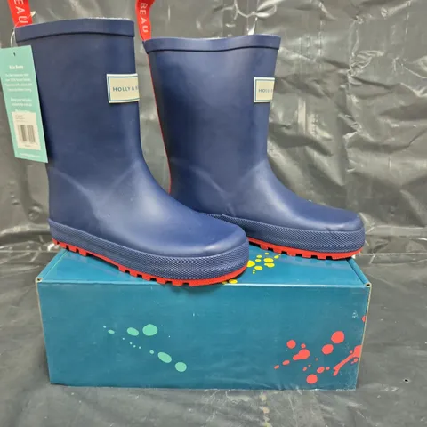 BOX OF APPROXIMATELY 12 PAIRS OF HOLLY & BEAU KIDS NAVY RAIN BOOTS SIZE UK 12 (EU31)