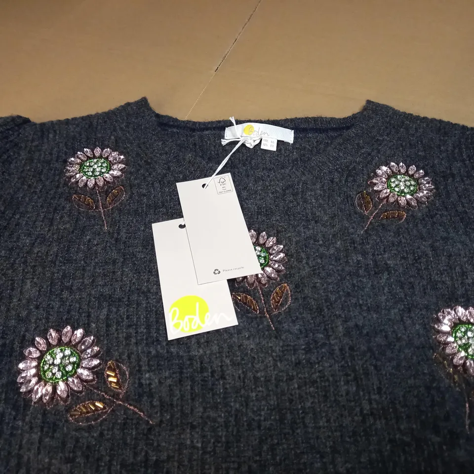 BODEN JUMPER WITH FLORAL EMBROIDED CRYSTAL EFFECT DESIGN IN GREY - UK 16
