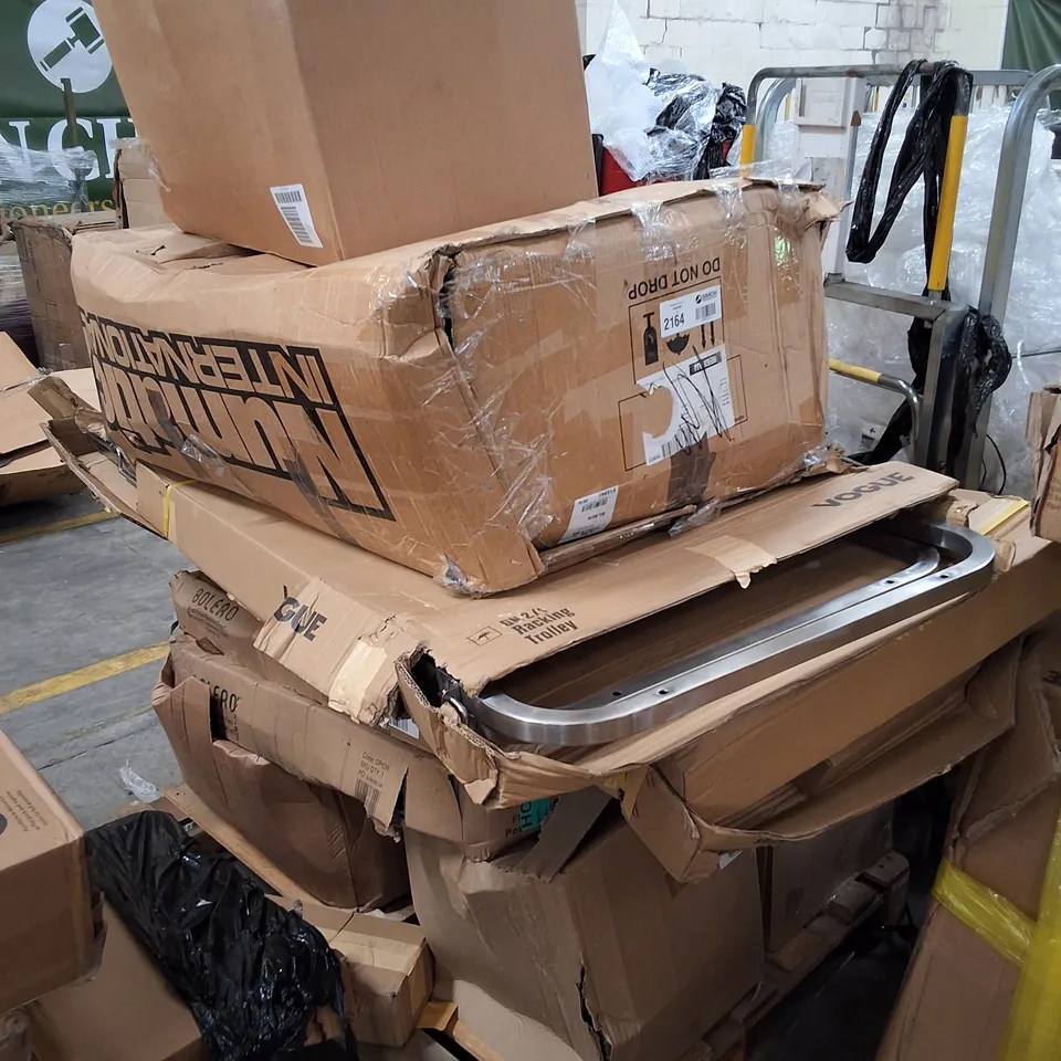PALLET CONTAINING ASSORTED NISBITS PRODUCTS & PARTS INCLUDING RACKING TROLLEY & FLAT BASE BARRIER POSTS