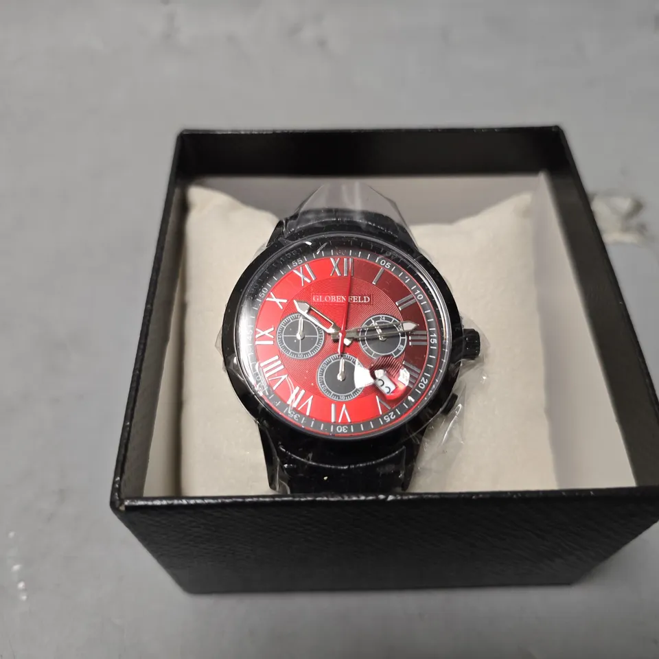 BOXED GLOBENFELD ROMAN CHRONOGRAPH WATCH WITH RED DIAL 