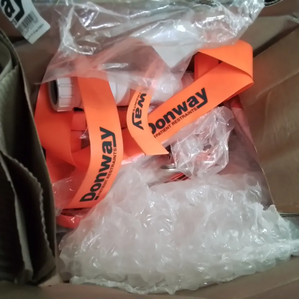 PALLET OF ASSORTED ITEMS, INCLUDING, MASIMO PATIENT HOSE ADAPTERS 4", DONWAY PATIENT RESTRAINT STRAPS, MASIMO PROBE WELL KITS, CABLES, PAPER TOWEL DISPENCERS. 