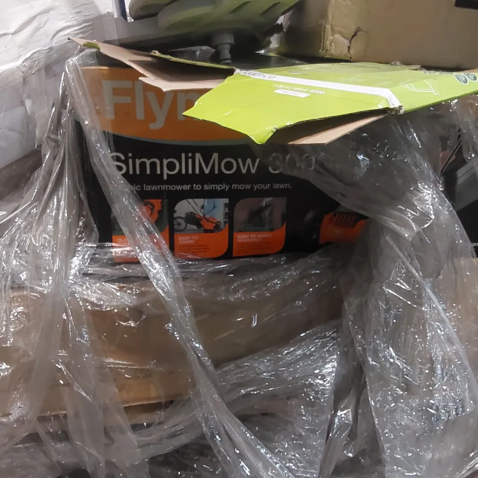 PALLET OF ASSORTED TOOLS/EQUIPMENT INCLUDING: SAW HORSE FLYMO LAWNMOWER ECT