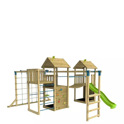 BOXED TP SKYWOOD WOODEN CLIMBING FRAME WITH TWO TOWERS, ZIPLINE & SLIDE