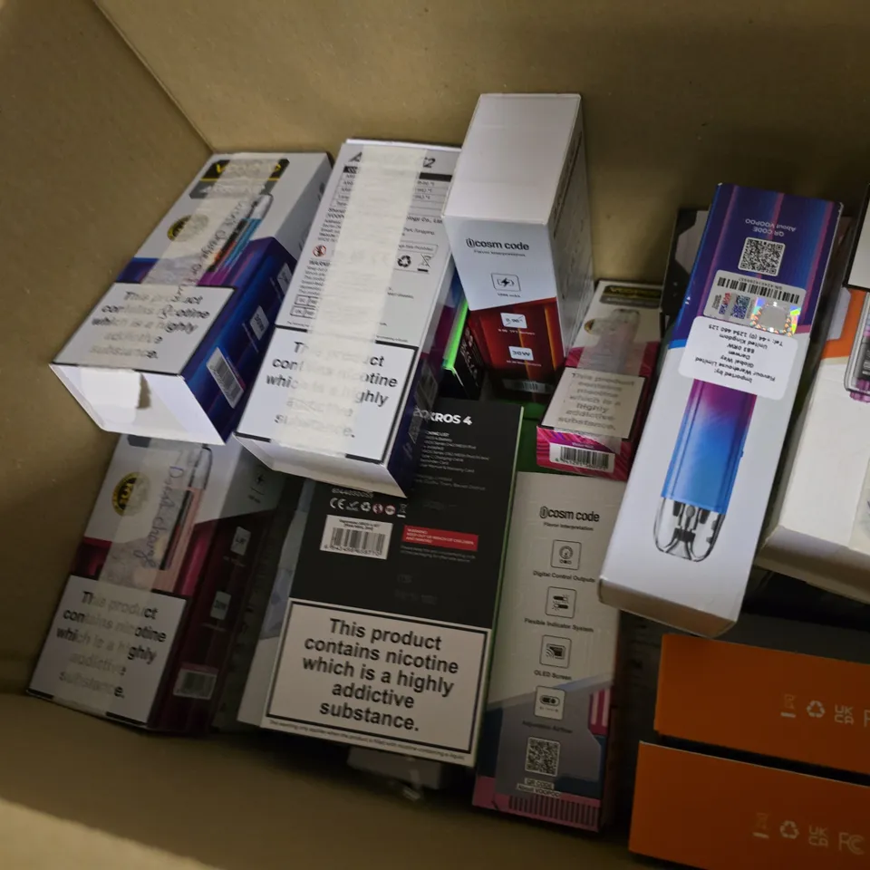 BOX OF APPROXIMATELY 18 ASSORTED E-CIGARETTES PRODUCTS TO INCLUDE - VAPORESSO, GEEK VAPE ETC