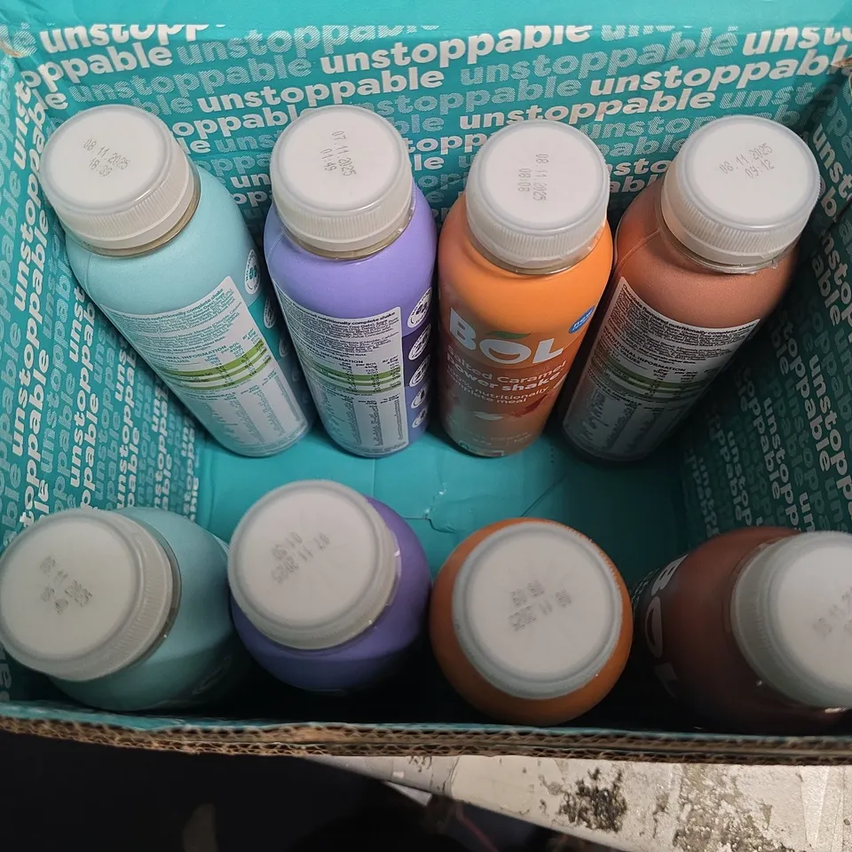 BOX OF APPROXIMATELY 12 BOL DRINKS TO INCLUDE - CHOCOLATE POWER SHAKE , SALTED CARAMEL , BLUEBERRY ETC