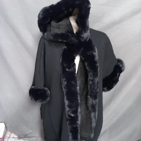 LA MAREY SIGNATURE FAUX FUR PONCHO WITH TASSELS (110 X 90 CM) - BLACK
