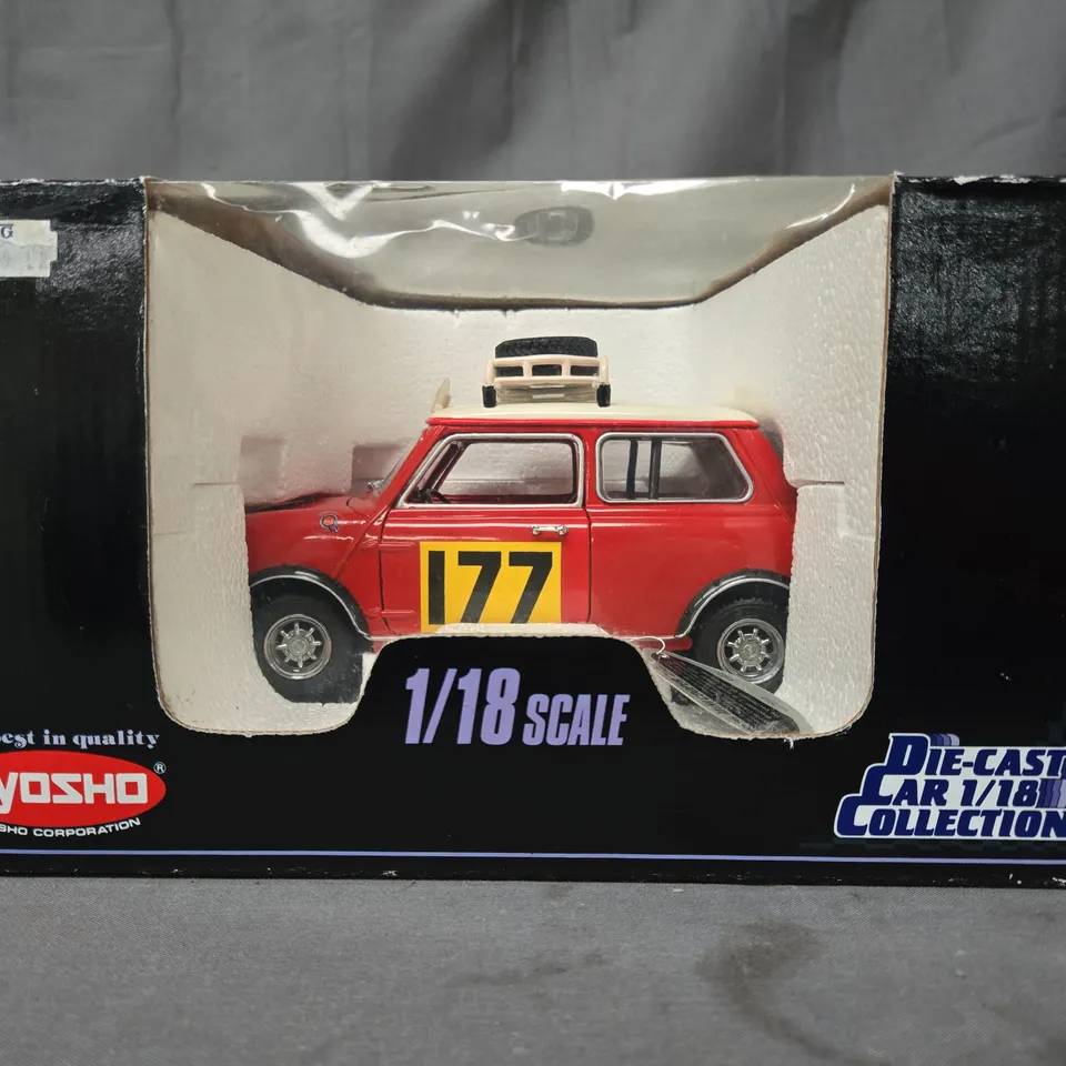 BOXED KYOSHO COLLECTIBLE 1/18 SCALE DIE-CAST MORRIS MINI COOPER 1275S '67 RALLY MODEL