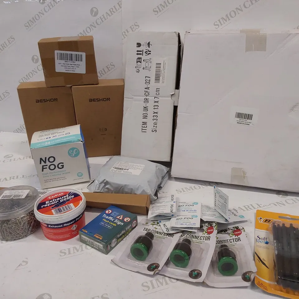 17 BRAND NEW ITEMS TO INCLUDE: PACK OF BIC PENS, NO FOG WIPES, TUB OF PAPERCLIPS, EXHAUST REPAIR PASTE, DIY CRAFTS STRIP, PLATE HOLDER