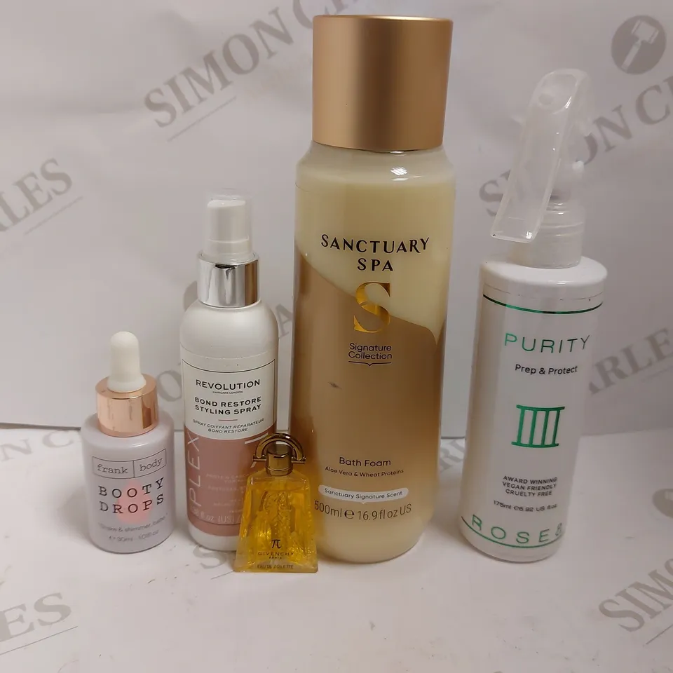 APPROX 5 ITEMS TO INCLUDE SANCTUARY SPA BATH FOAM, FRANK BODY BOOTY DROPS, REVOLUTION BOND RESTORE STYLING SPRAY