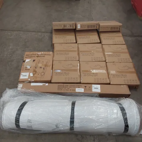 PALLET TO CONTAIN A LARGE QUANTITY OF TOP SMART MUSIC LED CEILING LIGHTS AND ASSORTED ITEMS INCLUDING: MATTRESS TOPPER, AUTOMATIC PILATES REBOUND BOARD, GARDEN PARASOL ECT