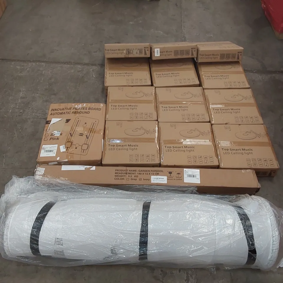 PALLET TO CONTAIN A LARGE QUANTITY OF TOP SMART MUSIC LED CEILING LIGHTS AND ASSORTED ITEMS INCLUDING: MATTRESS TOPPER, AUTOMATIC PILATES REBOUND BOARD, GARDEN PARASOL ECT