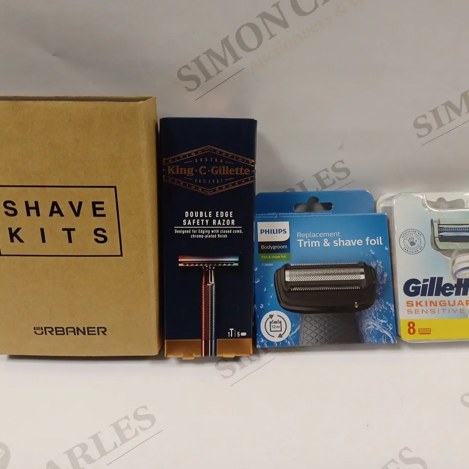 APPROXIMATELY 20 ASSORTED SHAVING PRODUCTS TO INCLUDE URBANER SHAVE KITS, KING C GILLETTE DOUBLE EDGE SAFETY RAZOR, PHILIPS REPLACEMENT TRIM AND SHAVE FOIL, GILLETTE SKINGUARD SENSITIVE REPLACEMENT BL