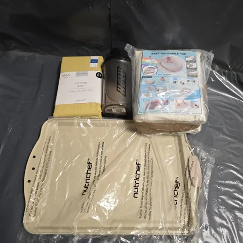 BOX OF APPROXIMATELY 12 ASSORTED HOUSEHOLD ITEMS TO INCLUDE - NUTRICHEF TRAYS - BABY INFLATABLE TUB - HOLY SHAKER - ETC