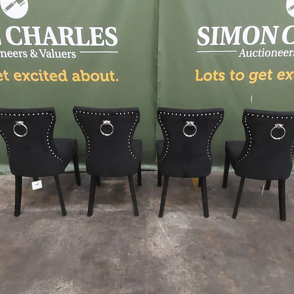 SET OF 4 KENSINGTON BLACK VELVET BUTTON BACK DINING CHAIRS - BLACK LEGS 