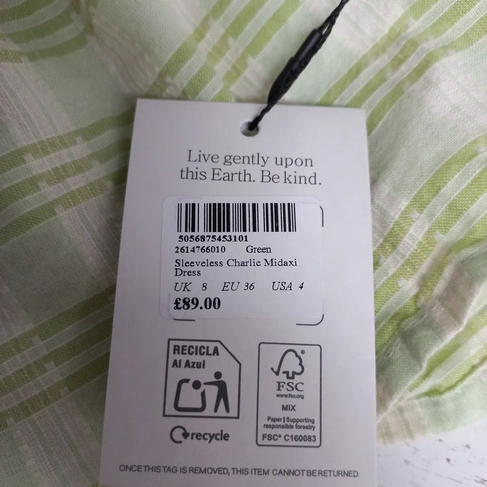 NOBODYS CHILD SLEEVELESS CHARLIE MIDAXI DRESS – GREEN, UK 8 