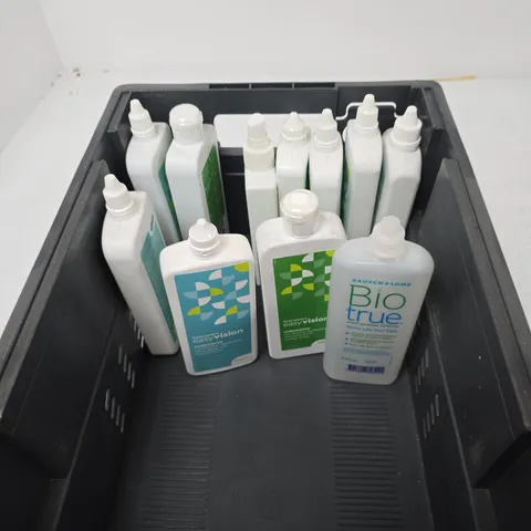 TOTE OF APPROXIMATELY 11 ASSORTED CONTACT LENS SOLUTION