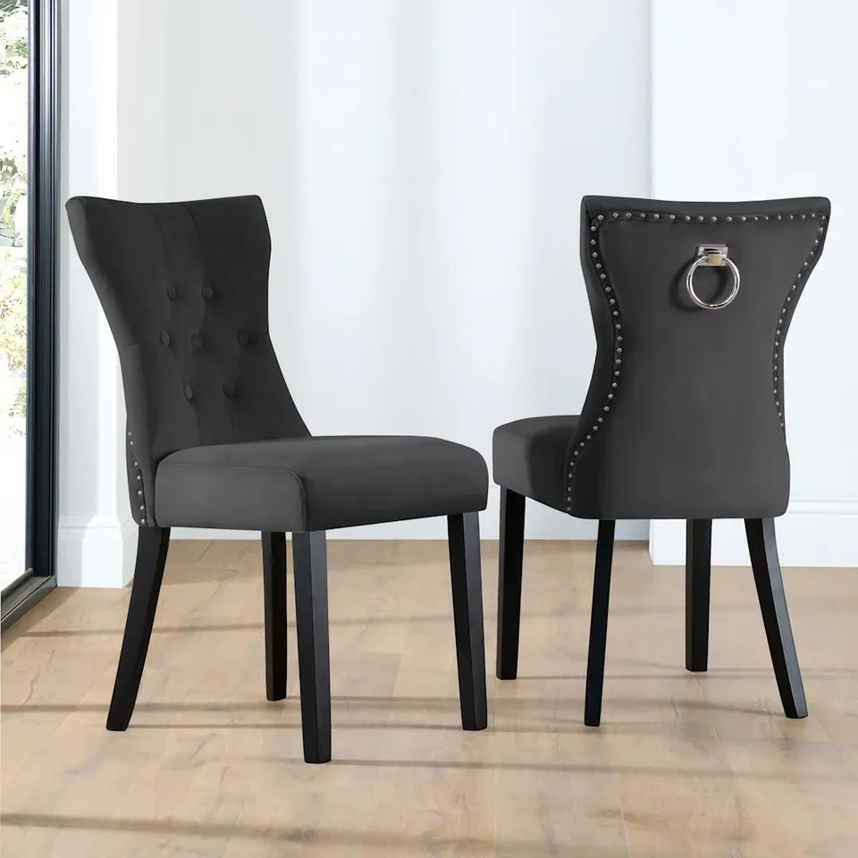 BOXED KENSINGTON DINING CHAIR, BLACK CLASSIC VELVET & BLACK SOLID HARDWOOD 