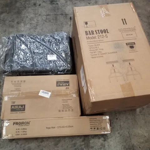 PALLET CONTAINING ASSORTED PRODUCTS INCLUDING BAR STOOL, AIRAJ TOOL BAGS, YOGA MAT & MEIJIA PORTABLE WATERPROOF PROTECTIVE CASE