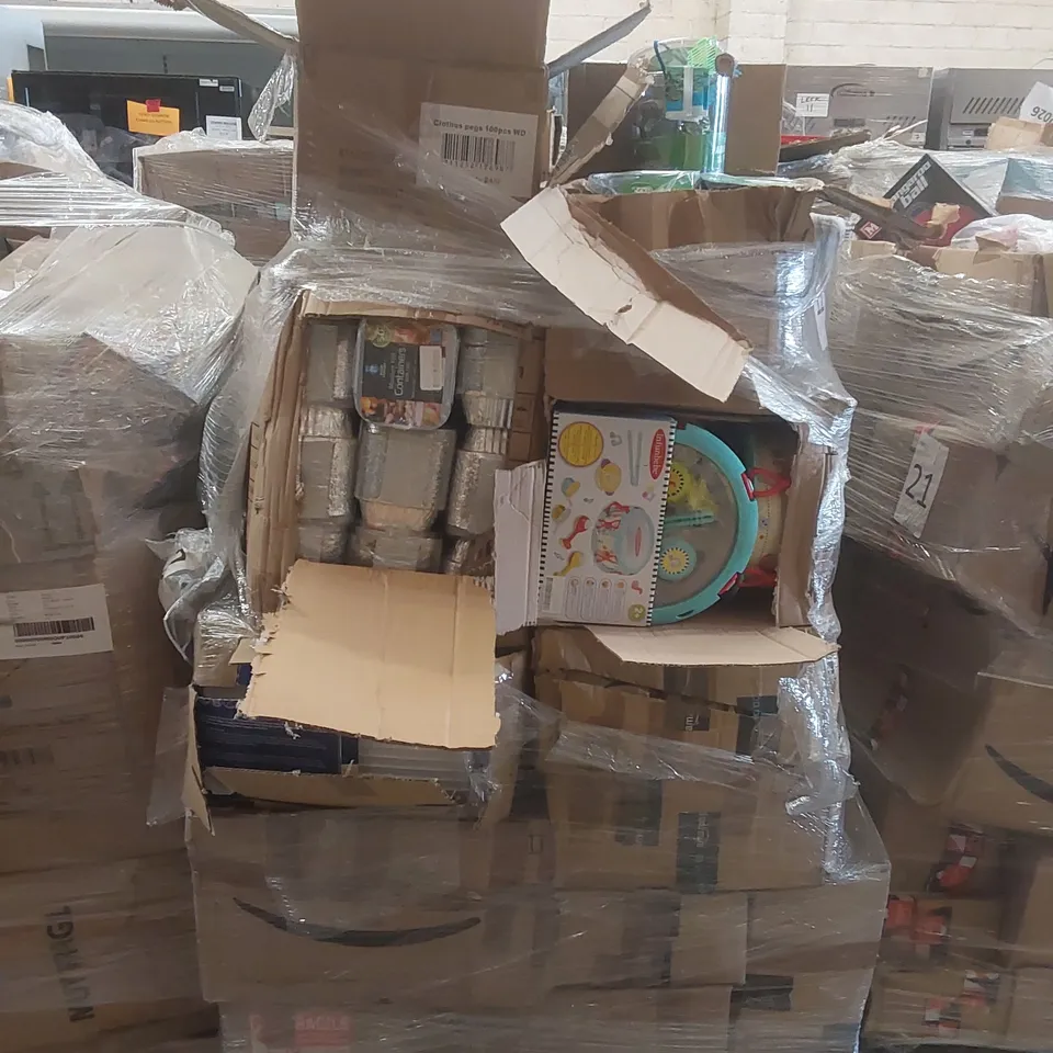 PALLET TO CONTAINING A VERY LARGE QUANTITY OF ASSORTED ITEMS INCLUDING: FOIL CONTAINERS, BABY TOYS, FARM ANIMAL TOYS, CLOTHES PEGS ECT