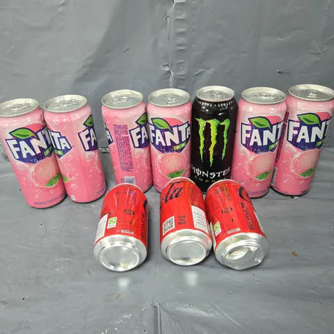 APPROXIMATELY 10 ASSORTED DRINK ITEMS TO INCLUDE - FANTA, MONSTER, AND COCA COLA ETC.