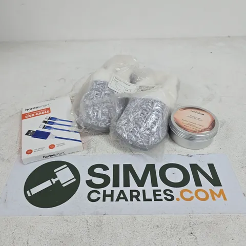 APPROXIMATELY 15 ASSORTED HOUSEHOLD ITEMS TO INCLUDE HAIR MASK, CHARGING CABLES, SLIPPERS ETC