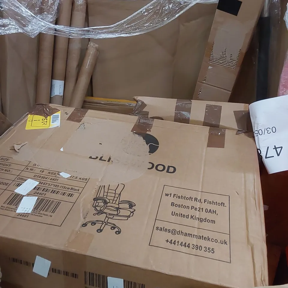 PALLET OF ASSORTED HOUSEHOLD ITEMS AND CONSUMER PRODUCTS. INCLUDING; TV WALL MOUNT, ROCKING CHAIR, OFFICE/GAMING CHAIR, BOXED FURNITURE ETC 