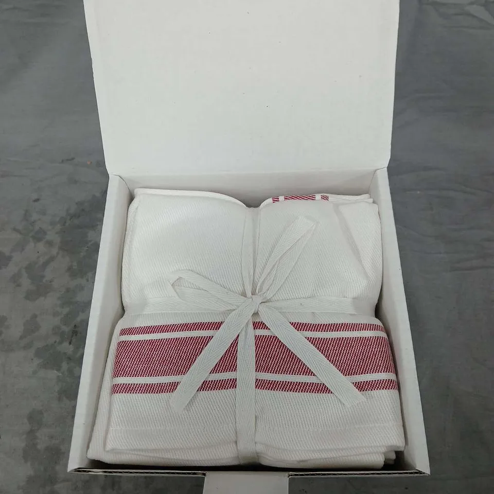 TINY BREAK KITCHEN TOWEL 12-PIECE SET – WHITE WITH RED STRIPE, 16 BOXES IN QUANTITY