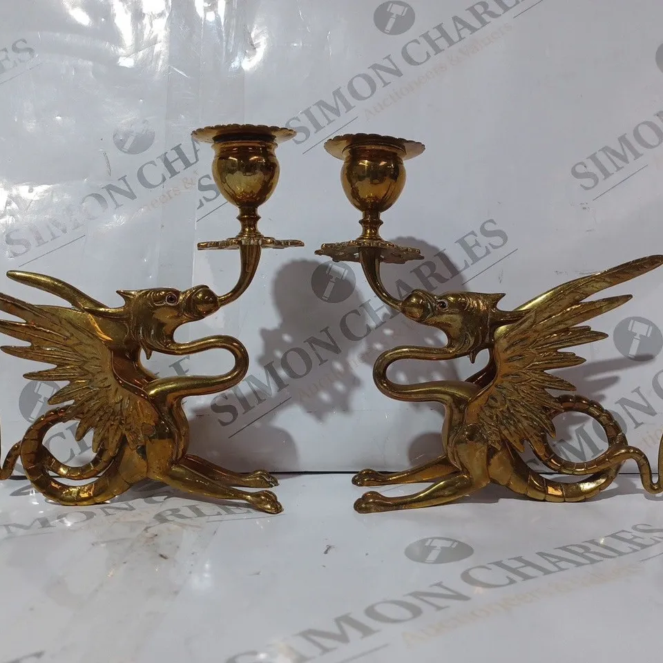 PAIR OF DRAGON PHOENIX CANDLE HOLDERS IN ANTIQUE BRASS FINISH
