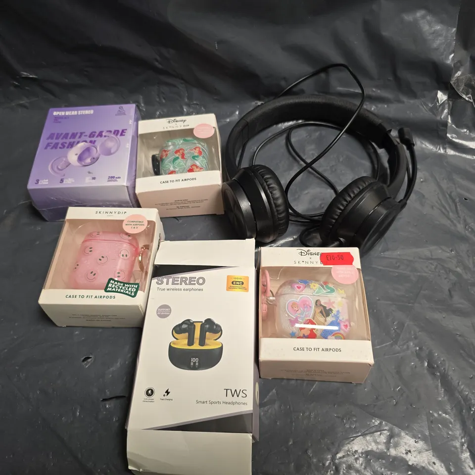 LOT OF HEADPHONES & AIRPODS CASES: BLACK OVER-EAR HEADPHONES PLUS WIRELESS EARBUDS & DISNEY SKINNYDIP AIRPODS CASES