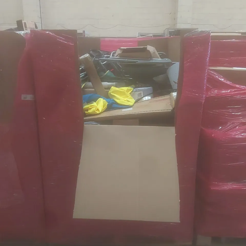 PALLET OF ASSORTED HOUSEHOLD GOODS AND PRODUCTS TO INCLUDE; AIR FRYERS, WATERPROOF TAPE, FIJI WATER, CAMPING CHAIRS, OFFICE CHAIR ETC