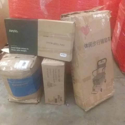 PALLET OF ASSORTED ITEMS INCLUDING WEIGHTED BLANKET, MATTRESS TOPPER, FRYING PAN SET, CHYIR GRILL PAN, MOBILITY CHAIR