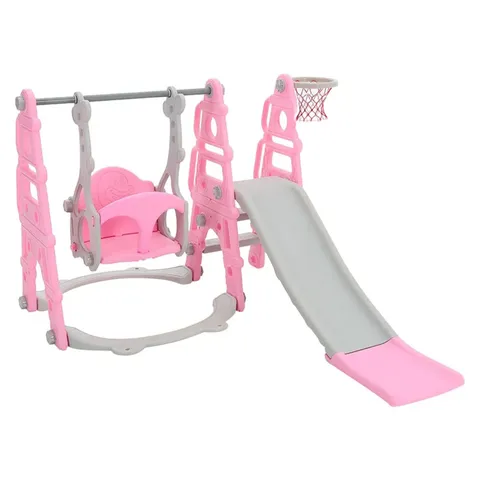 BOXED 3 IN 1 PINK AND GREY SLIDE AND SWING SET PLAY SET WITH BASKETBALL HOOP W 1330 X D 1530 X H 1030 MM