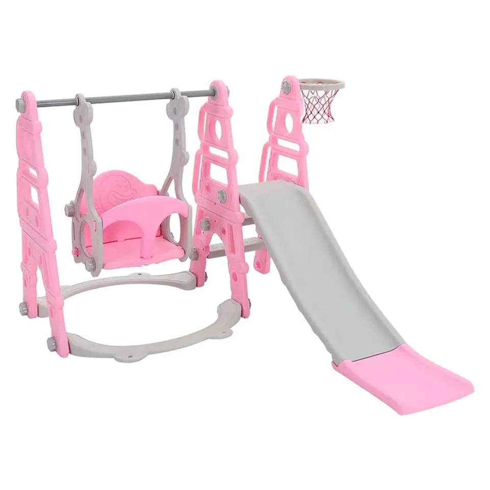 BOXED 3 IN 1 PINK AND GREY SLIDE AND SWING SET PLAY SET WITH BASKETBALL HOOP W 1330 X D 1530 X H 1030 MM