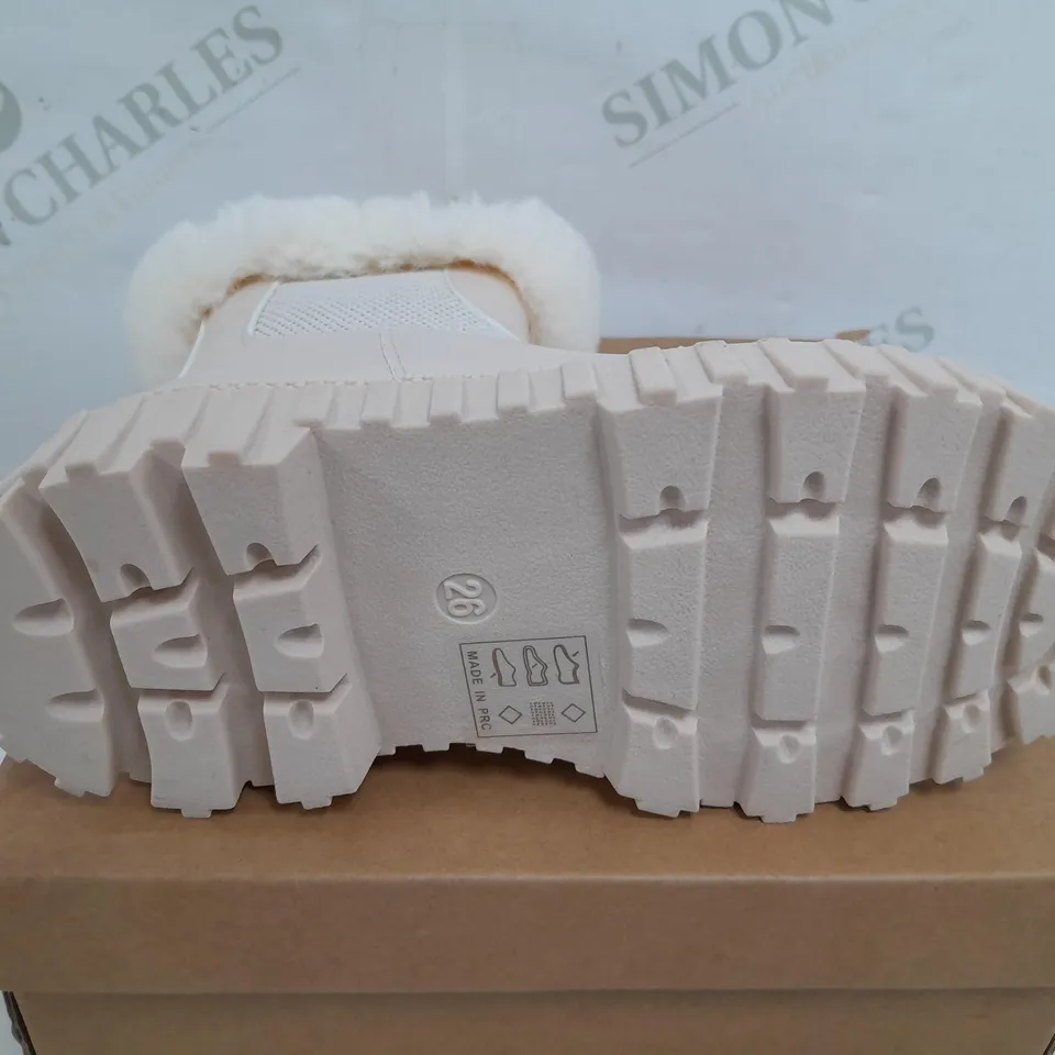 BOXED PAIR OF SIDE ZIP FAUX FUR BOOTS IN CREAM - SIZE 26