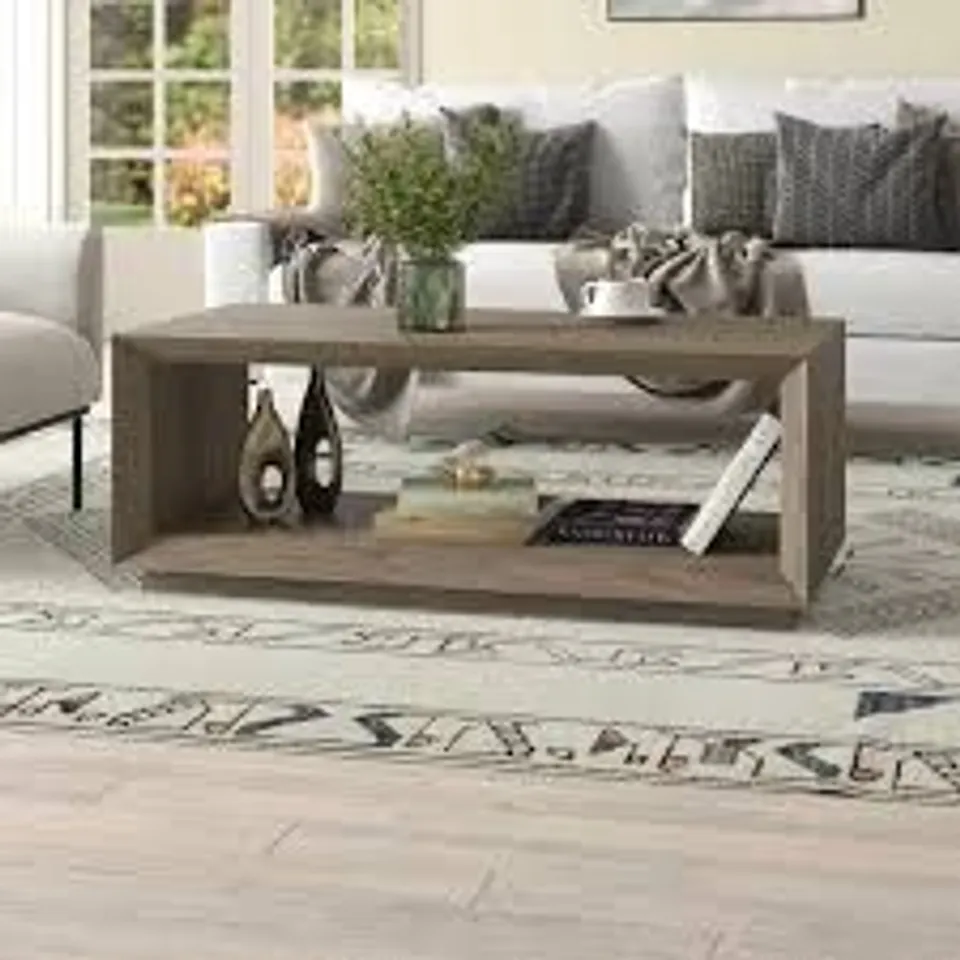 BOXED 48 INCH COFFEE TABLE - ANTIQUED GREY/OAK FINISH (1 BOX)
