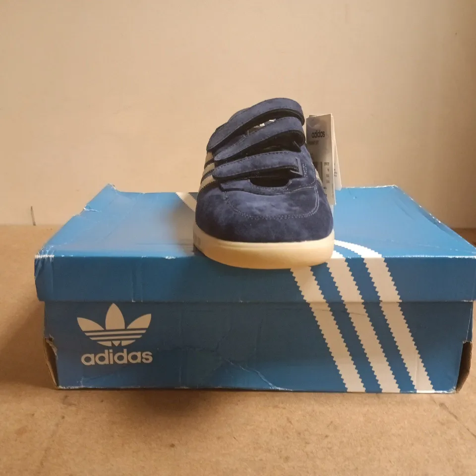BOXED PAIR OF ADIDAS FRANKFURT TRAINERS IN DEEP BLUE/SILVER SIZE UK 10