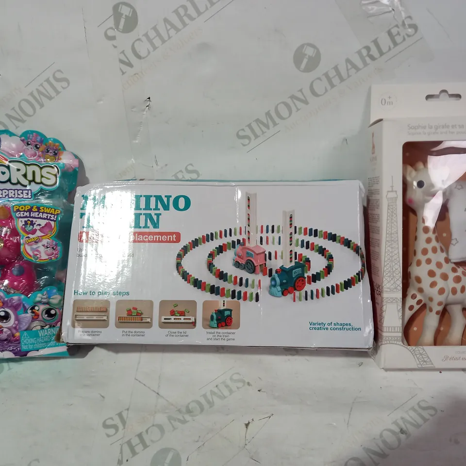 BOX OF APPROXIMATELY 15 ASSORTED TOYS AND GAMES TO INCLUDE SOPHIE LA GIRAFE, DOMINO TRAIN, ZURU RAINBOCORNS, ETC
