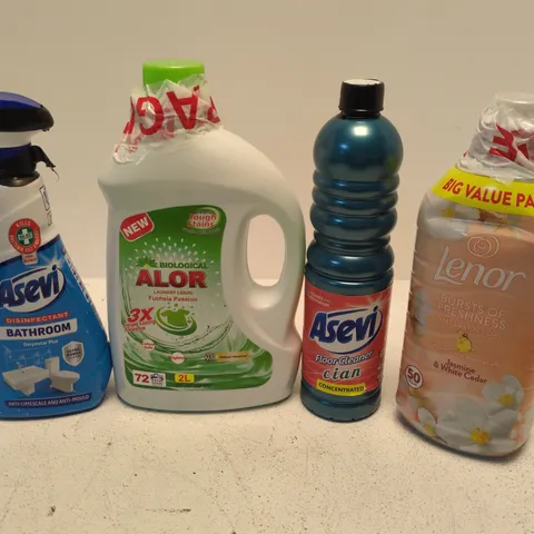 APPROXIMATELY 8 ASSORTED LARGE LIQUIDS TO INCLUDE LENOR BURSTS OF FRESHNESS, ASEVI CLEANER CIAN, ALOER LAUNDRY LIQUID, ETC