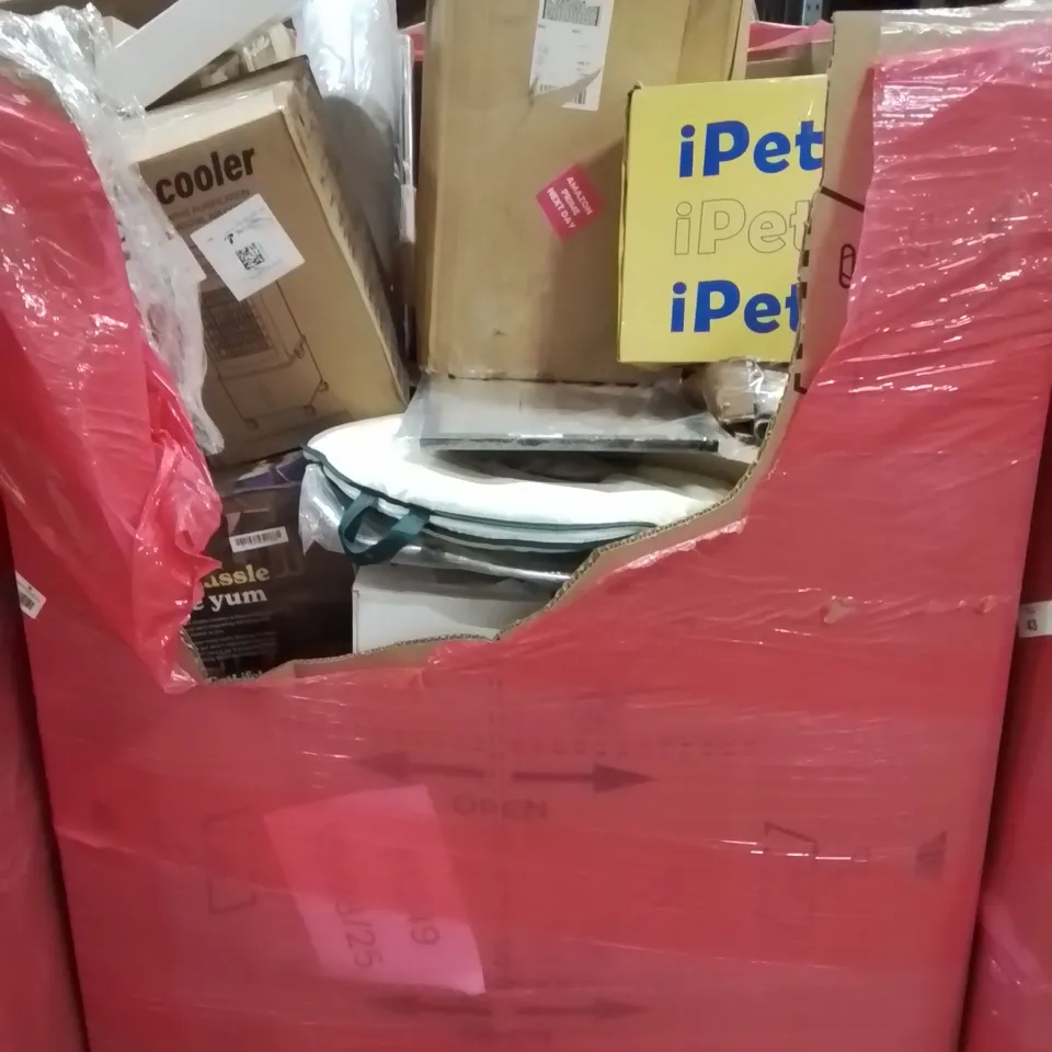 PALLET CONTAINING VARIOUS ASSORTED BOXED HOUSEHOLD ITEMS TO INCLUDE: AIR COOLER, POP UP TENT, IPETBA,   AND LOTS MORE UNMARKED BOXED ITEMS 