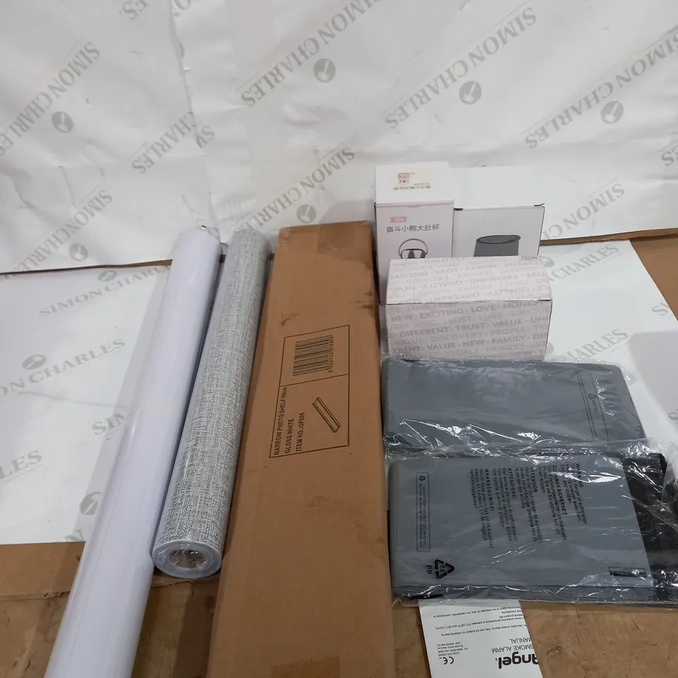 LOT OF ASSORTED HOUSEHOLD ITEMS TOO INCLUDE WALLPAPER AND SHELFS 