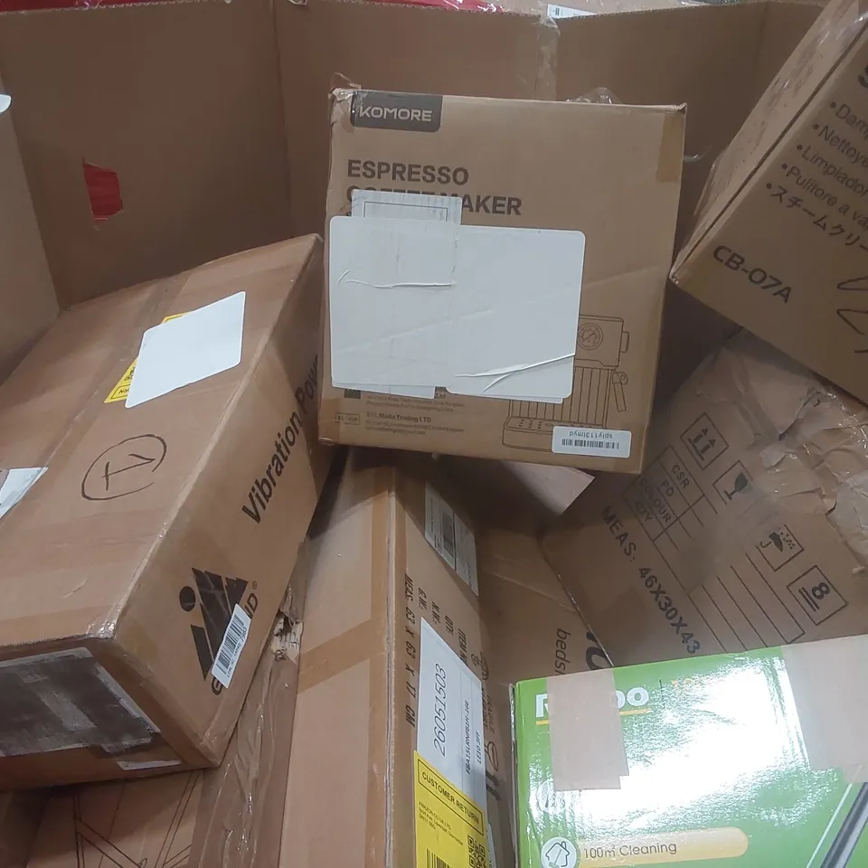 PALLET CONTAINING A LARGE QUANTITY OF ASSORTED ITEMS INCLUDING: STEAM CLEANERS, VIBRATION POWER PLATE, ESPRESSO COFFEE MAKER ECT