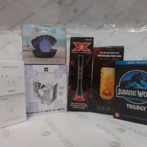 BOX OF ASSORTED ELECTRICAL GOODS TO INCLUDE; THERMALRIGHT ASSASSIN X 120 R SE WHITE, JURASSIC WORLD 3 MOVIE TRILOGY, SAMSUNG 25WPD ADAPTER ETC