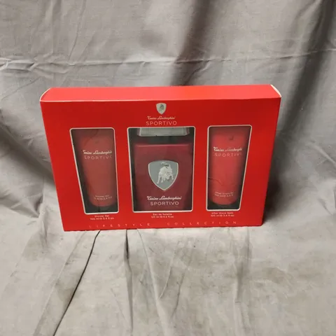BOXED AND SEALED LAMBORGHINI SPORTIVO 3 PIECE GIFT SET: EAU DE TOILETTE 125ML - SHOWER GEL 100ML - AFTERSHAVE BALM 100ML 