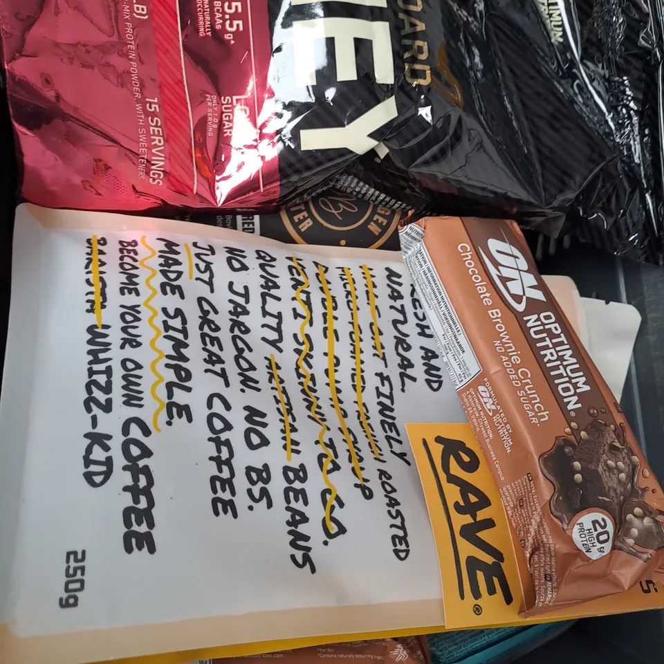 BOX OF APPROX 10 ASSORTED ITEMS TO INCLUDE - WHEY PROTEIN, PROTEIN BAR, COFFEE ETC