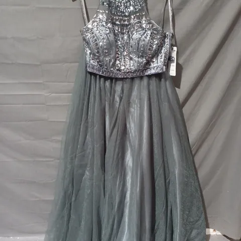 KISS ME KATE SEQUIN STUD DETAIL HALTER NECK MESH BOTTOM DRESS IN GREY - SIZE 10