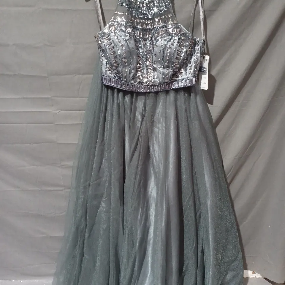 KISS ME KATE SEQUIN STUD DETAIL HALTER NECK MESH BOTTOM DRESS IN GREY - SIZE 10