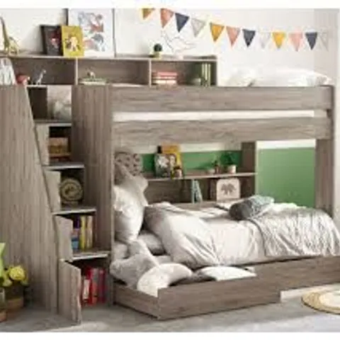 BOXED HAPPY BEDS TUSCAN STAIRCASE BUNK BED - GREY OAK (5 BOXES)