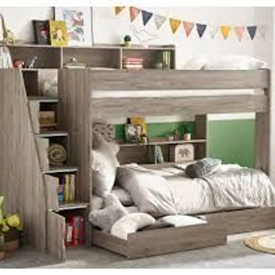 BOXED HAPPY BEDS TUSCAN STAIRCASE BUNK BED - GREY OAK (5 BOXES)