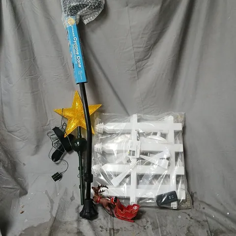 CAGE OF APPROXIMATELY 12 ASSORTED ITEMS TO INCLUDE DYNAMO CYCLONE CANE, MULTICOLOUR FENCE LIGHT, CHRISTMAS ORNAMENTS ETC